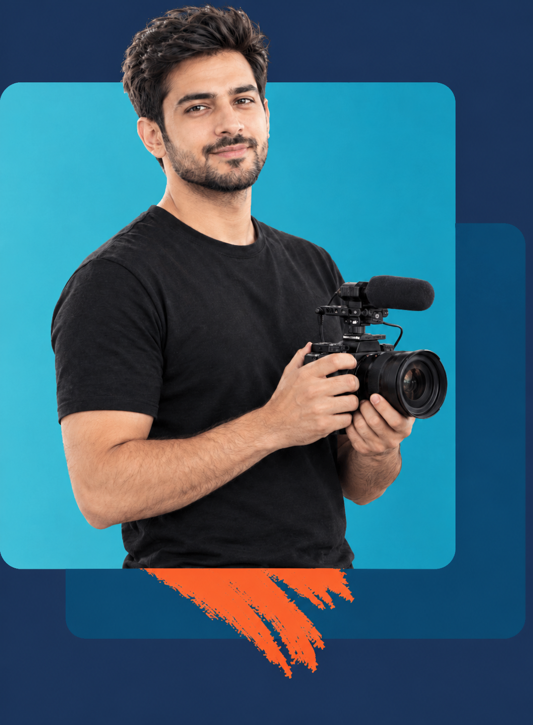 Professional videographer holding a camera for Clickra Media video shooting and editing services.