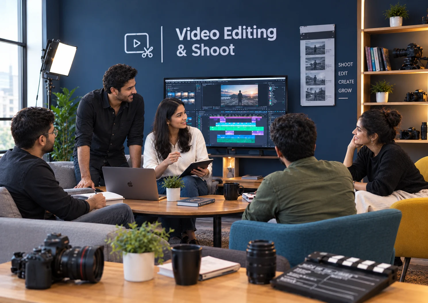 Creative team collaborating on video editing and professional video shoot production in a modern studio.